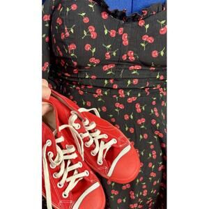 Vintage Cherry Off-Shoulder Puff Sleeve Babydoll Dress S–M Y2K Pinup Rockabilly